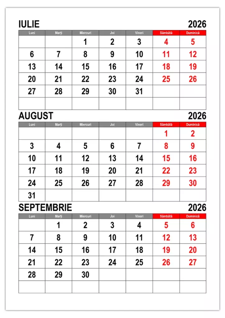 Calendar Iulie August Septembrie 2026 Calendarul su Calendare 