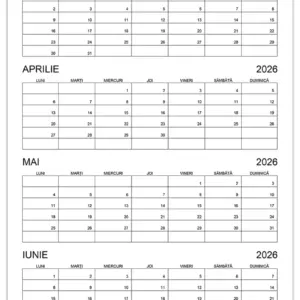 Calendar martie, aprilie, mai, Iunie 2026